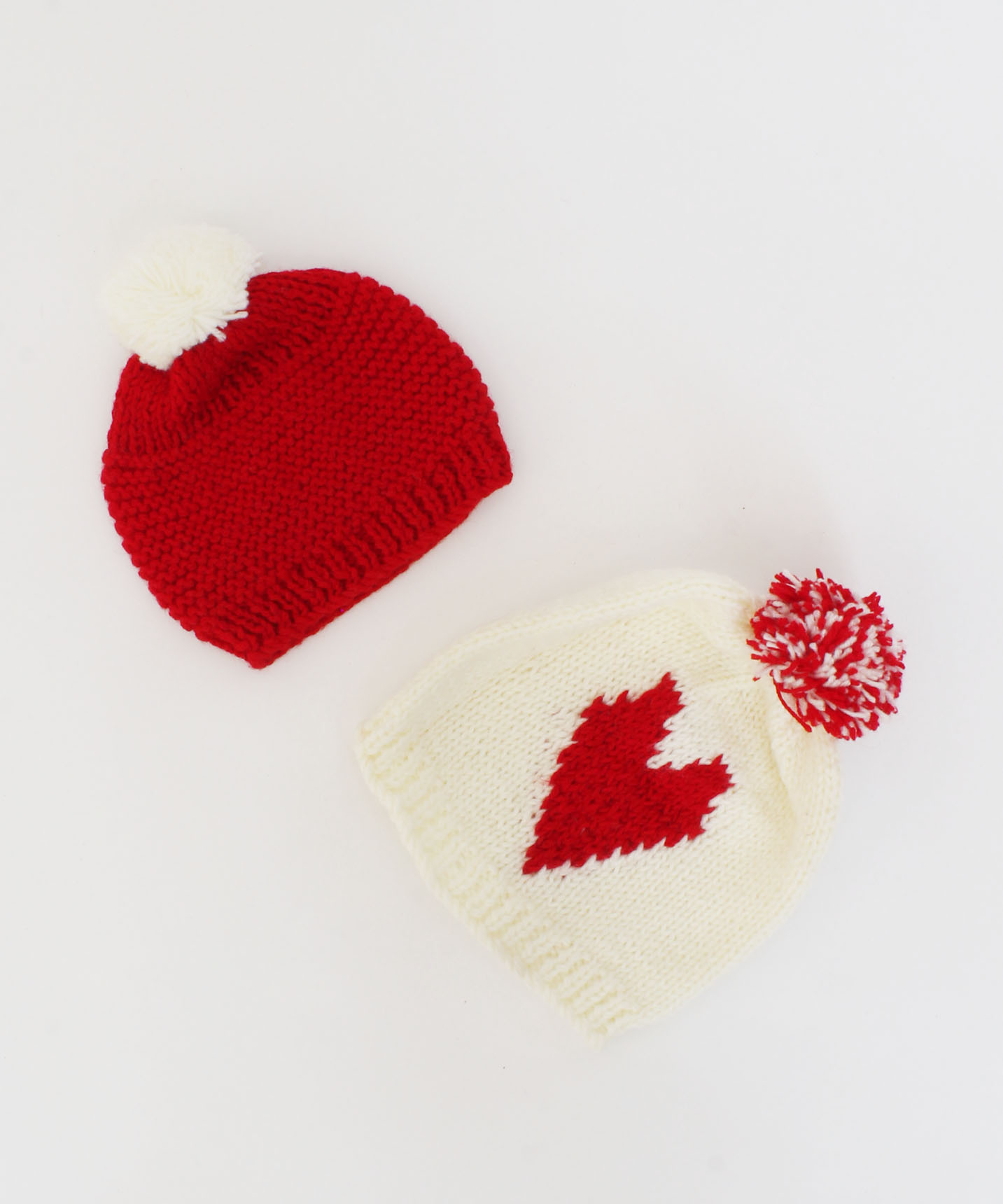 Handmade Knitted Heart & Pom Pom Detailing Caps Pack Of 2-Red & Cream