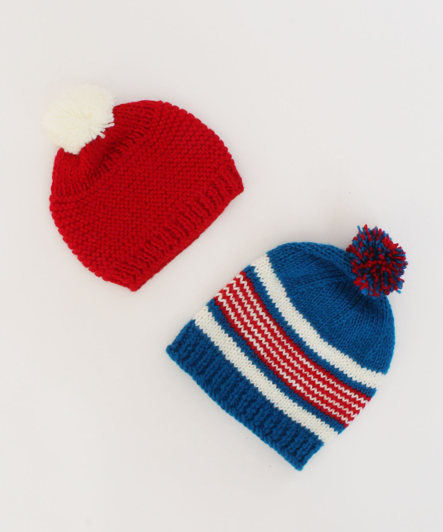Handmade Knitted Pom Pom Detailing Caps Pack Of 2-Red & Blue