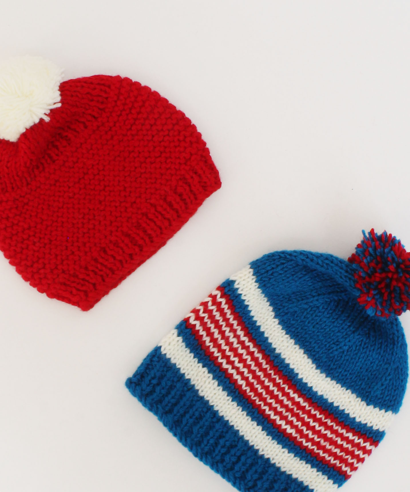 Handmade Knitted Pom Pom Detailing Caps Pack Of 2-Red & Blue