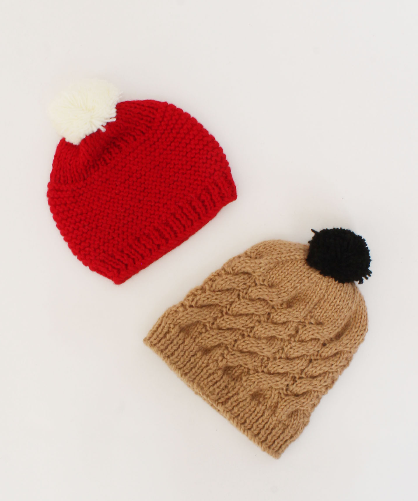 Handmade Knitted Self & Cable Design Caps Pack Of 2-Red & Brown