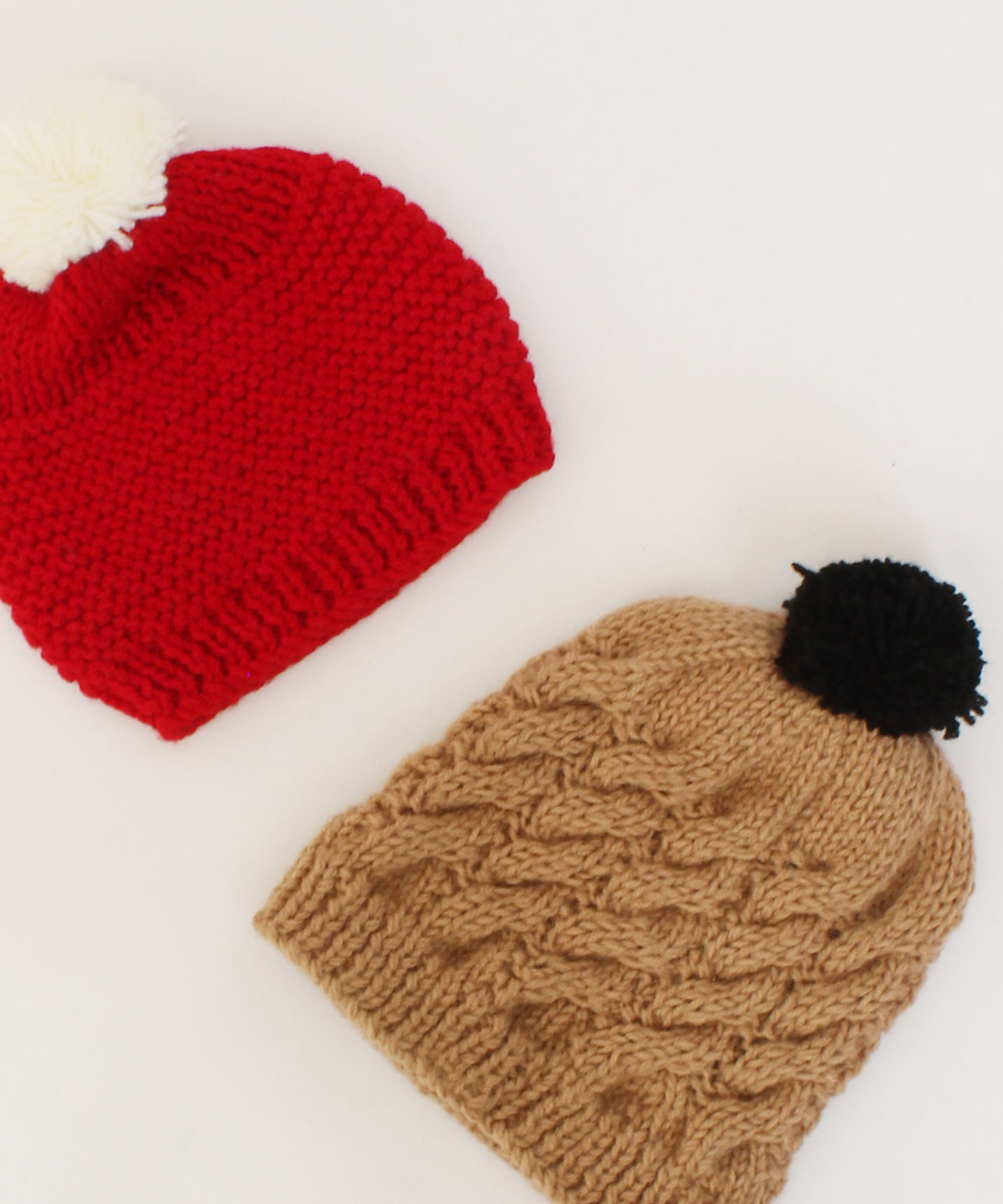 Handmade Knitted Self & Cable Design Caps Pack Of 2-Red & Brown