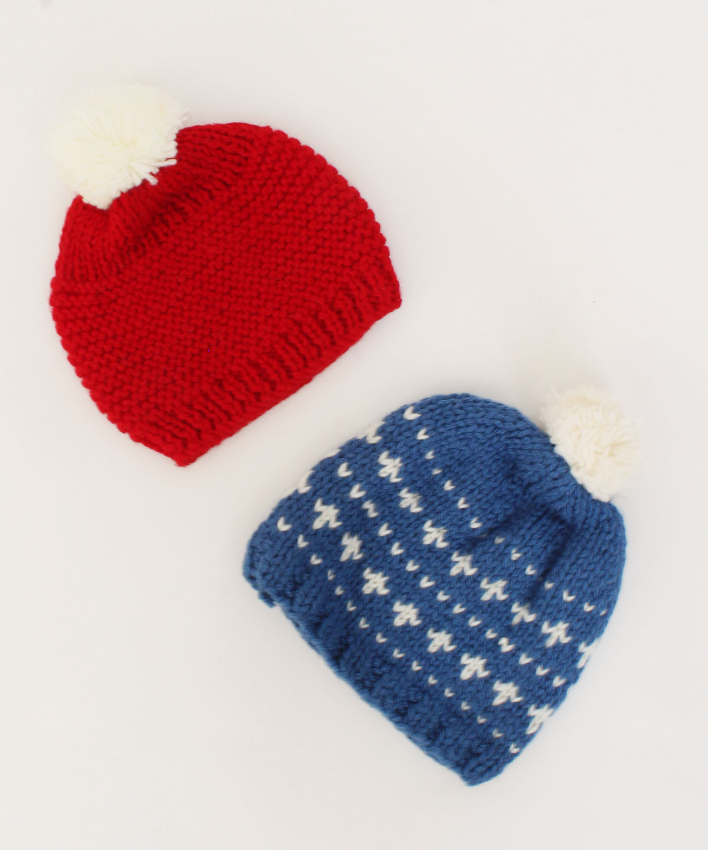 Handmade Knitted Embroidered Pom Pom Detailing Caps Pack Of 2-Red & Blue