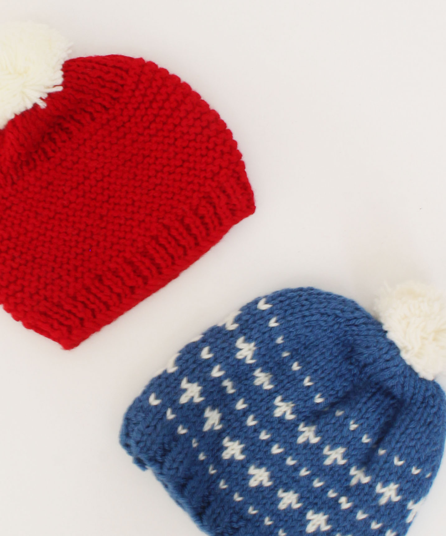 Handmade Knitted Embroidered Pom Pom Detailing Caps Pack Of 2-Red & Blue