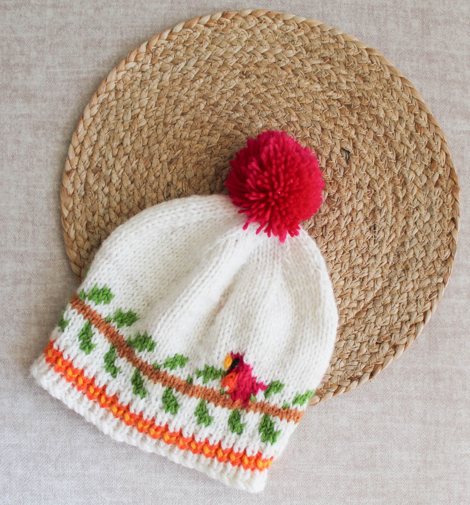 Handmade Knitted Bird Detailing Cap-White
