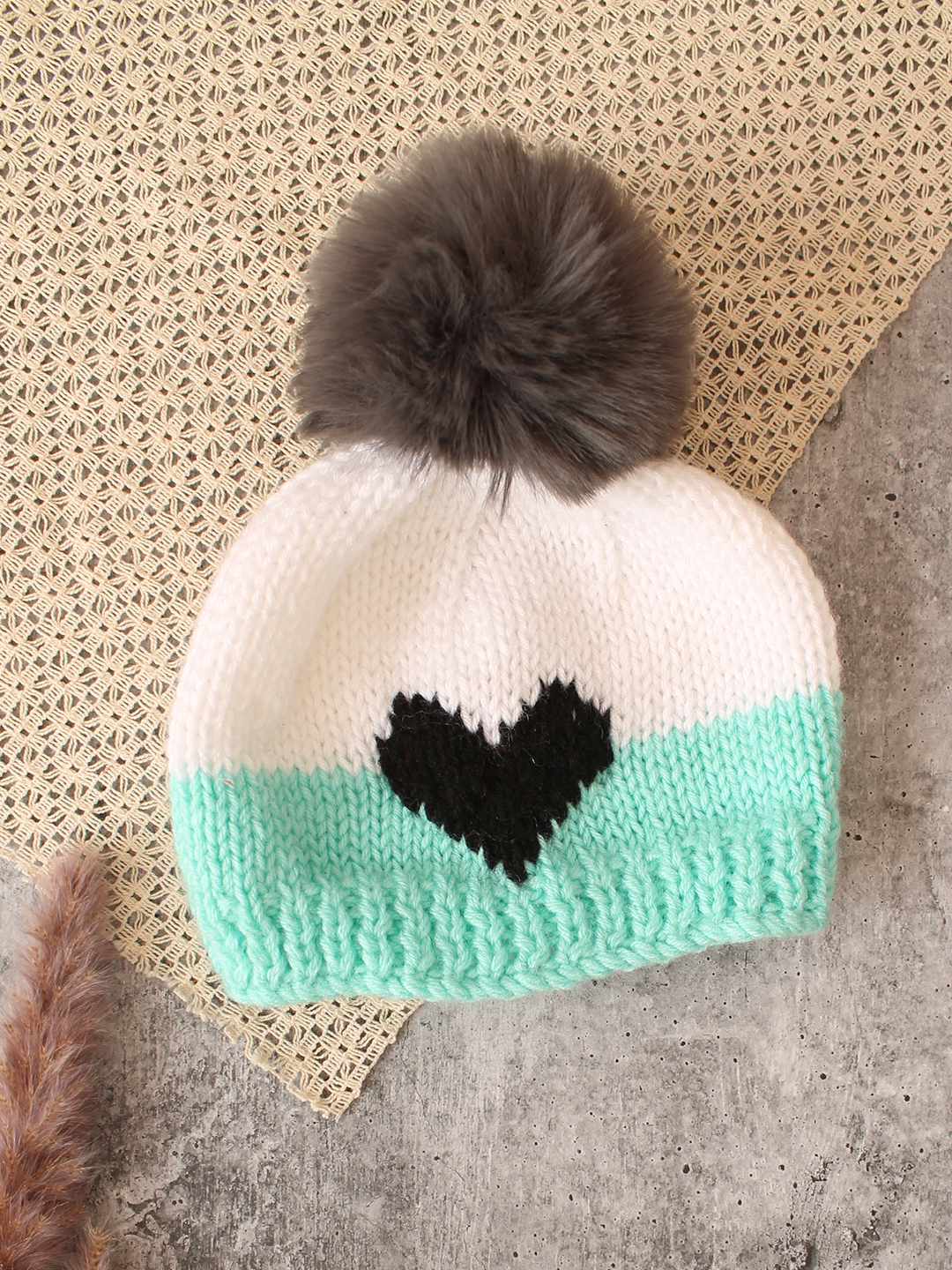 Woonie Handmade Heart Cap with Faux Fur Pom Pom- White