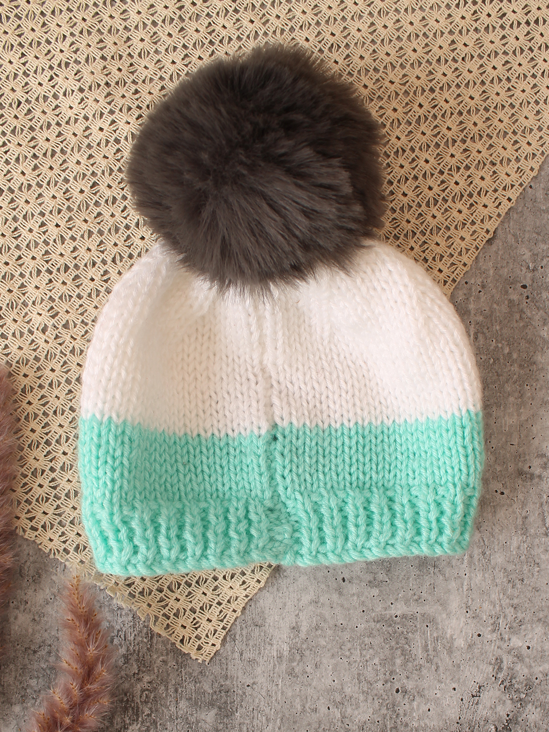 Woonie Handmade Heart Cap with Faux Fur Pom Pom- White