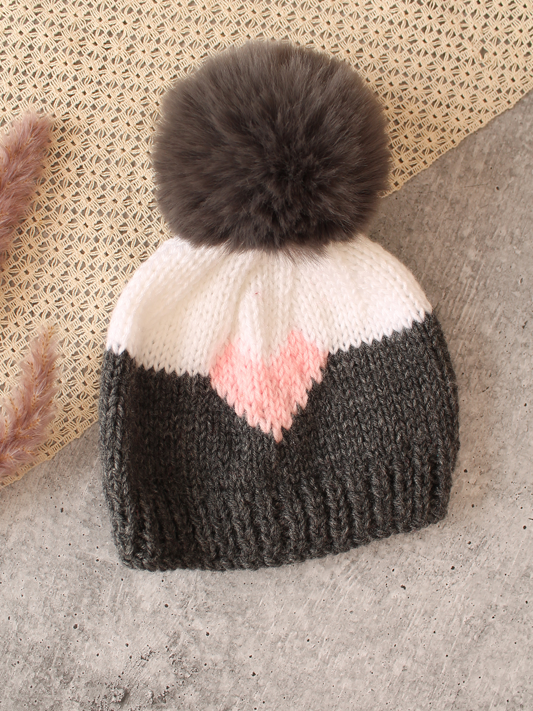 Woonie Handmade Heart Cap with Faux Fur Pom Pom- Black