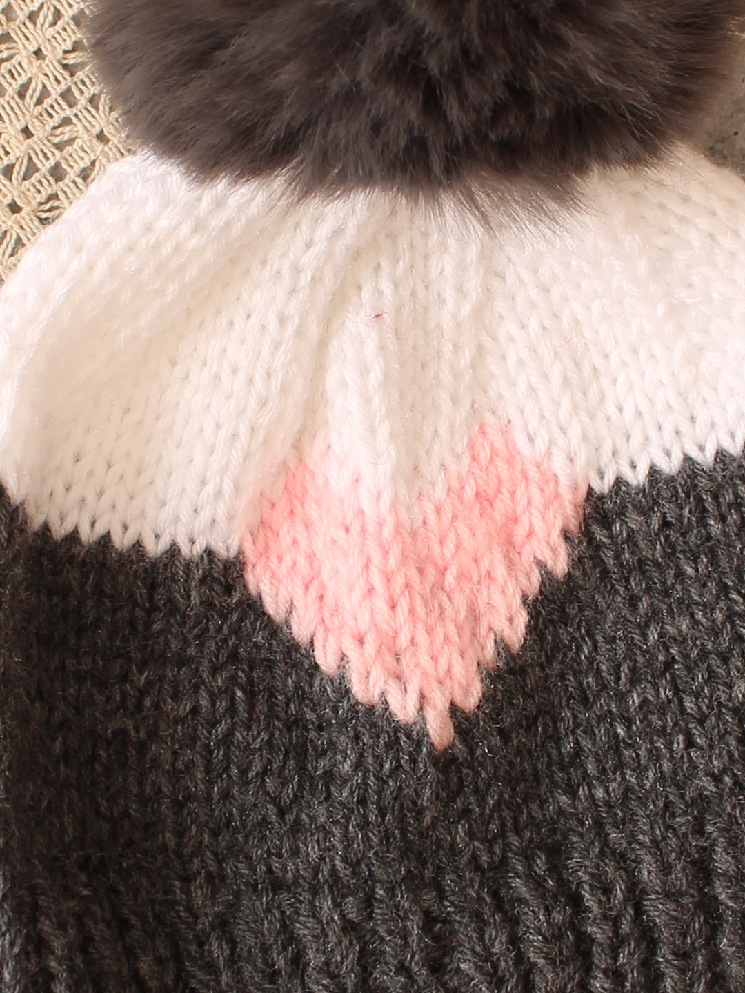 Woonie Handmade Heart Cap with Faux Fur Pom Pom- Black