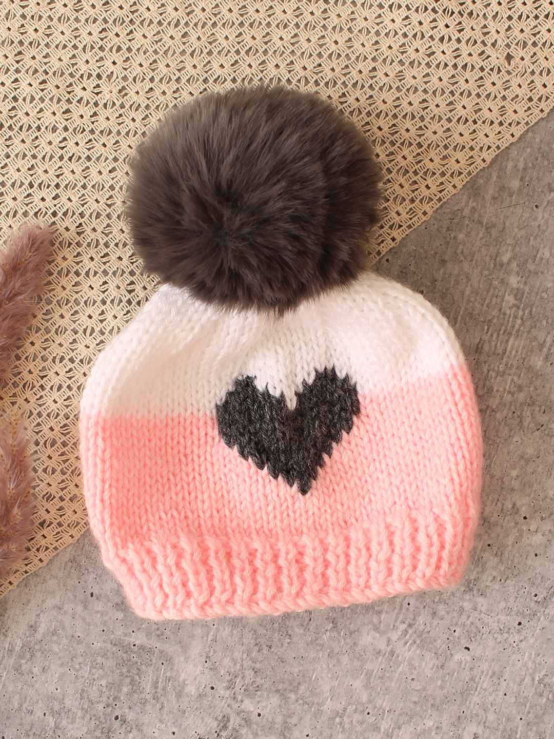 Woonie Handmade Heart Cap with Faux Fur Pom Pom- Pink