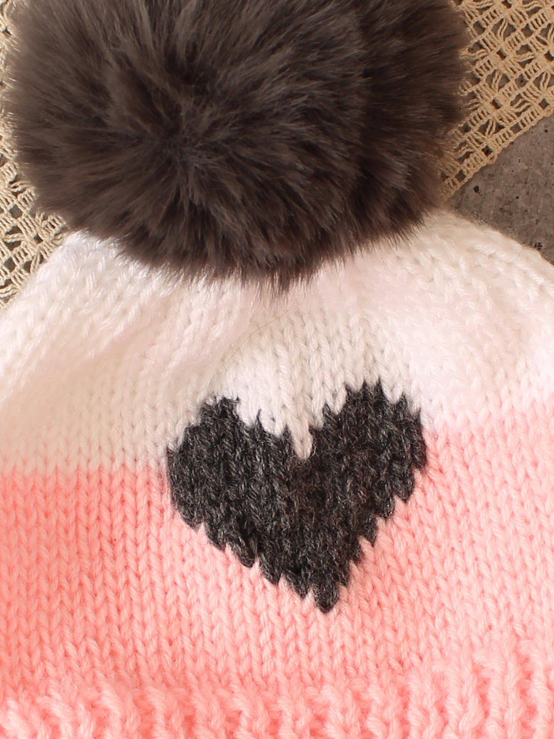 Woonie Handmade Heart Cap with Faux Fur Pom Pom- Pink
