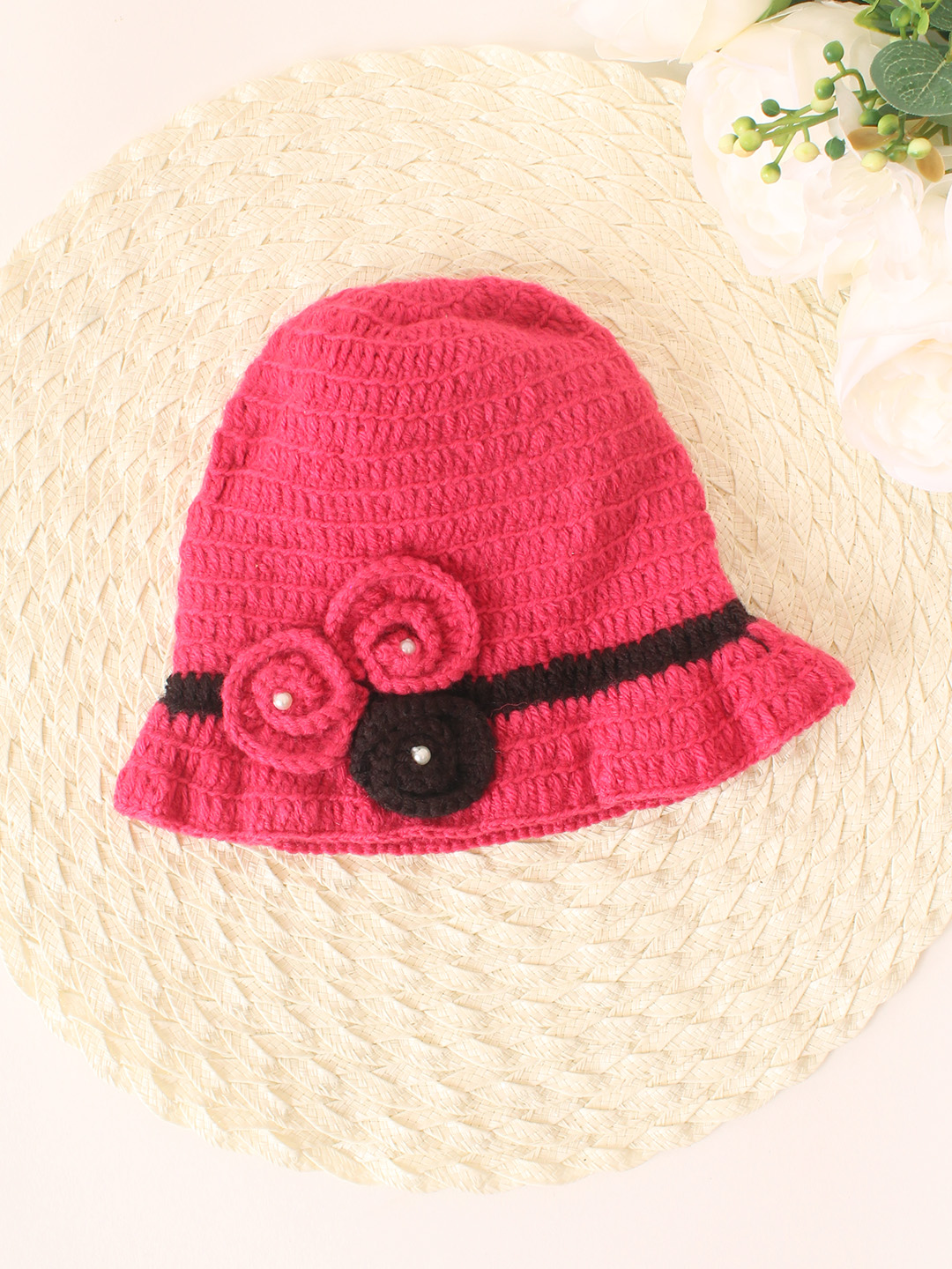 Crochet Handmade Floral Bucket Hat - Pink