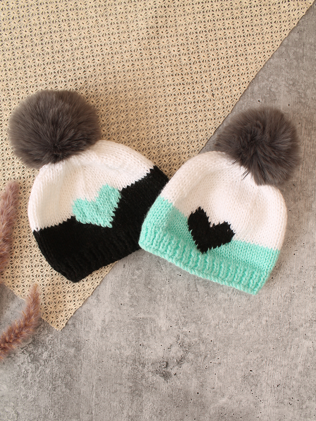 Pack Of 2 Handknitted Heart Designed Colorbloked Caps - White