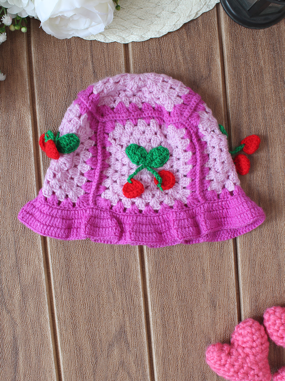 Crochet Handmade Cherry Design Bucket Cap - Purple