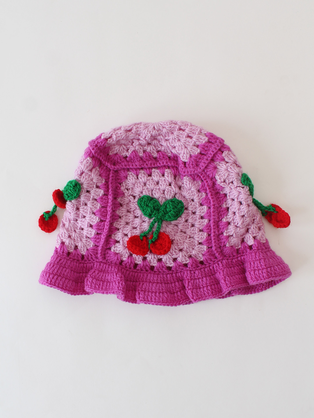 Crochet Handmade Cherry Design Bucket Cap - Purple