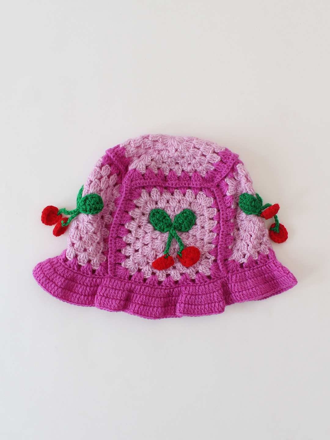 Crochet Handmade Cherry Design Bucket Cap - Purple