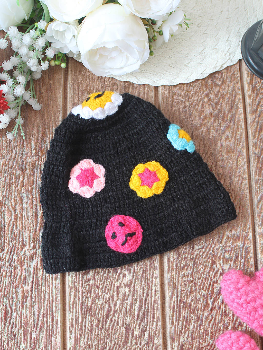 Crochet Handmade Floral Buket Cap - Black