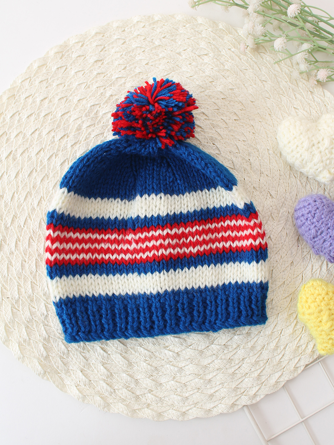 Handknitted Striped & Pom Pom Detailed Cap - Blue