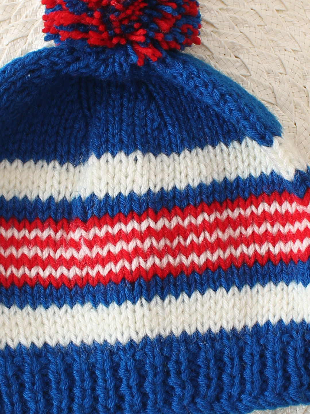 Handknitted Striped & Pom Pom Detailed Cap - Blue