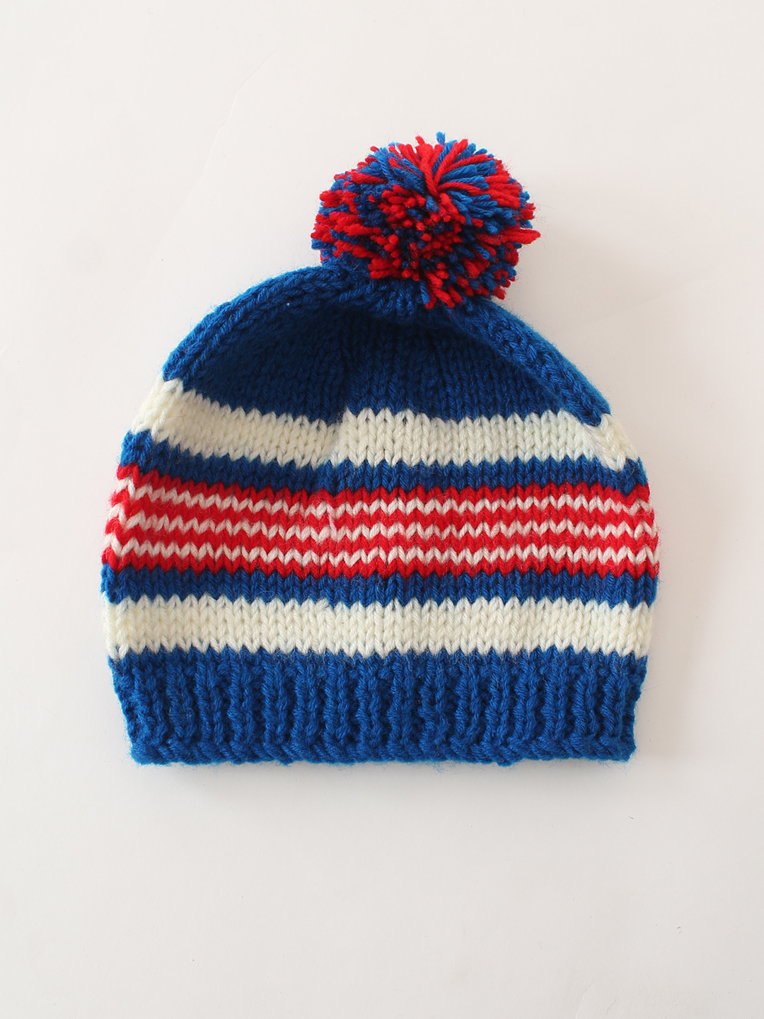 Handknitted Striped & Pom Pom Detailed Cap - Blue