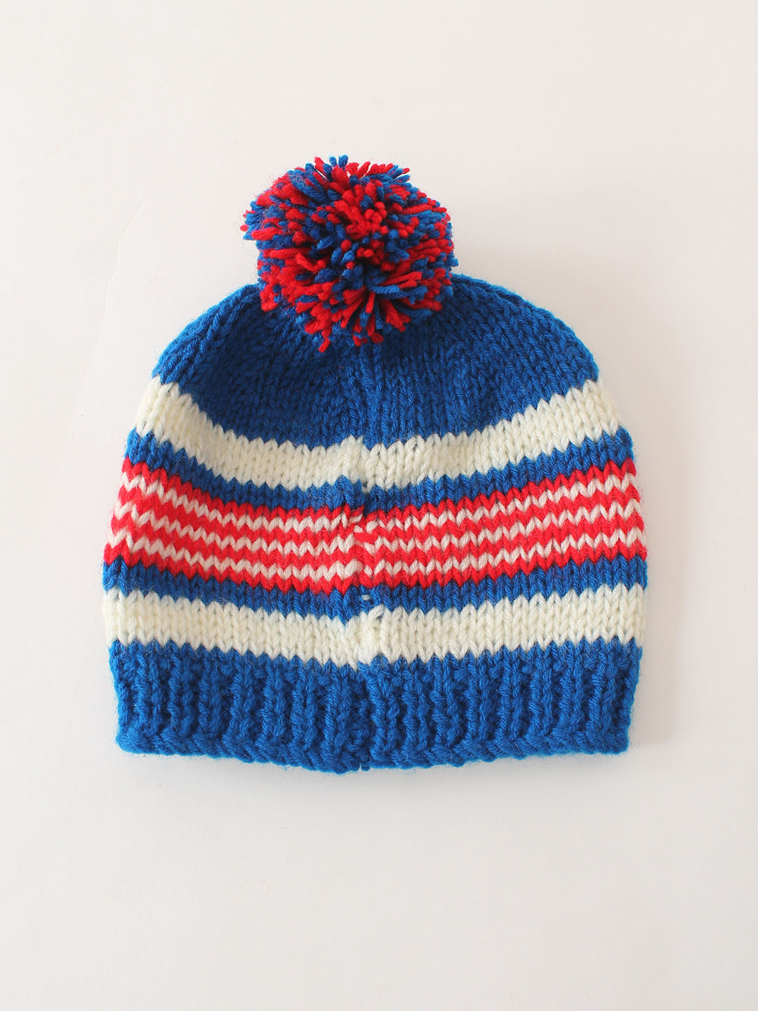 Handknitted Striped & Pom Pom Detailed Cap - Blue