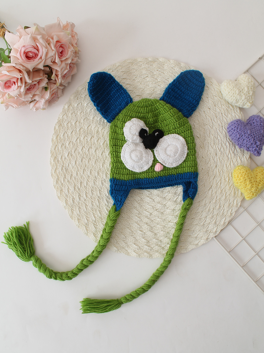 Handmade Crochet Puppy Face Designed Braided Cap - Green