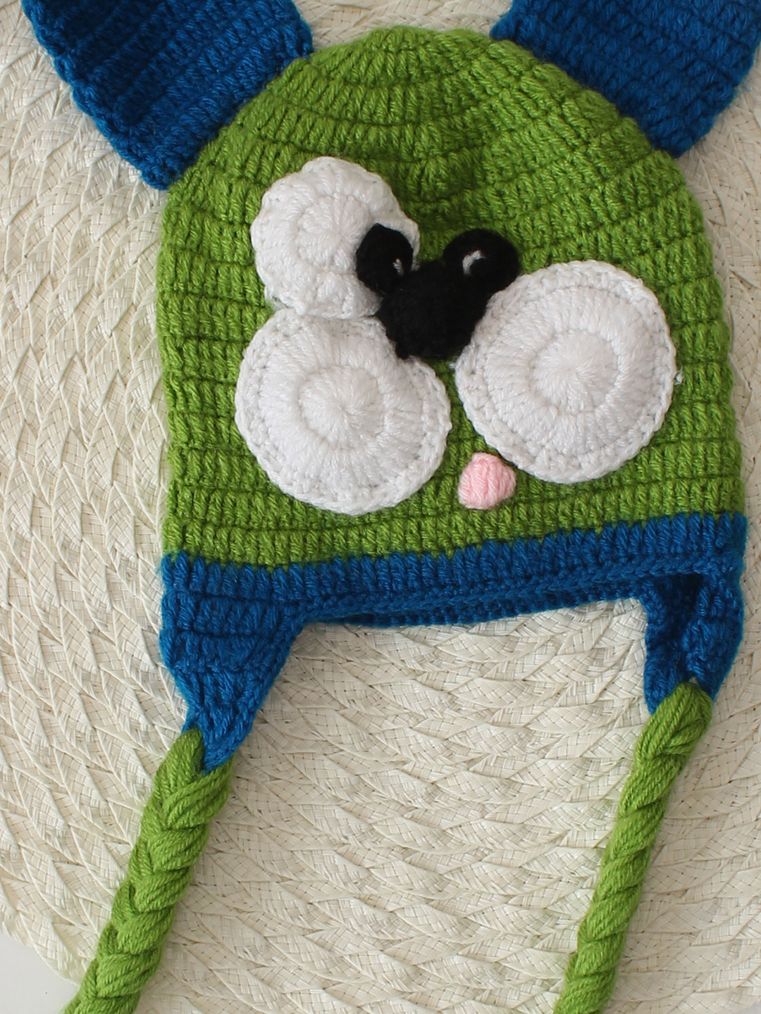 Handmade Crochet Puppy Face Designed Braided Cap - Green
