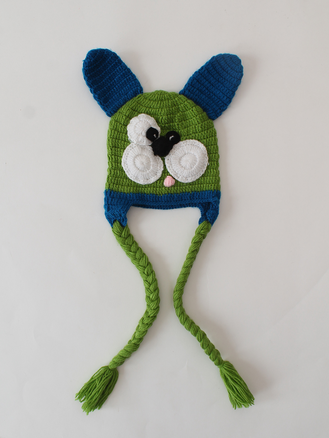 Handmade Crochet Puppy Face Designed Braided Cap - Green