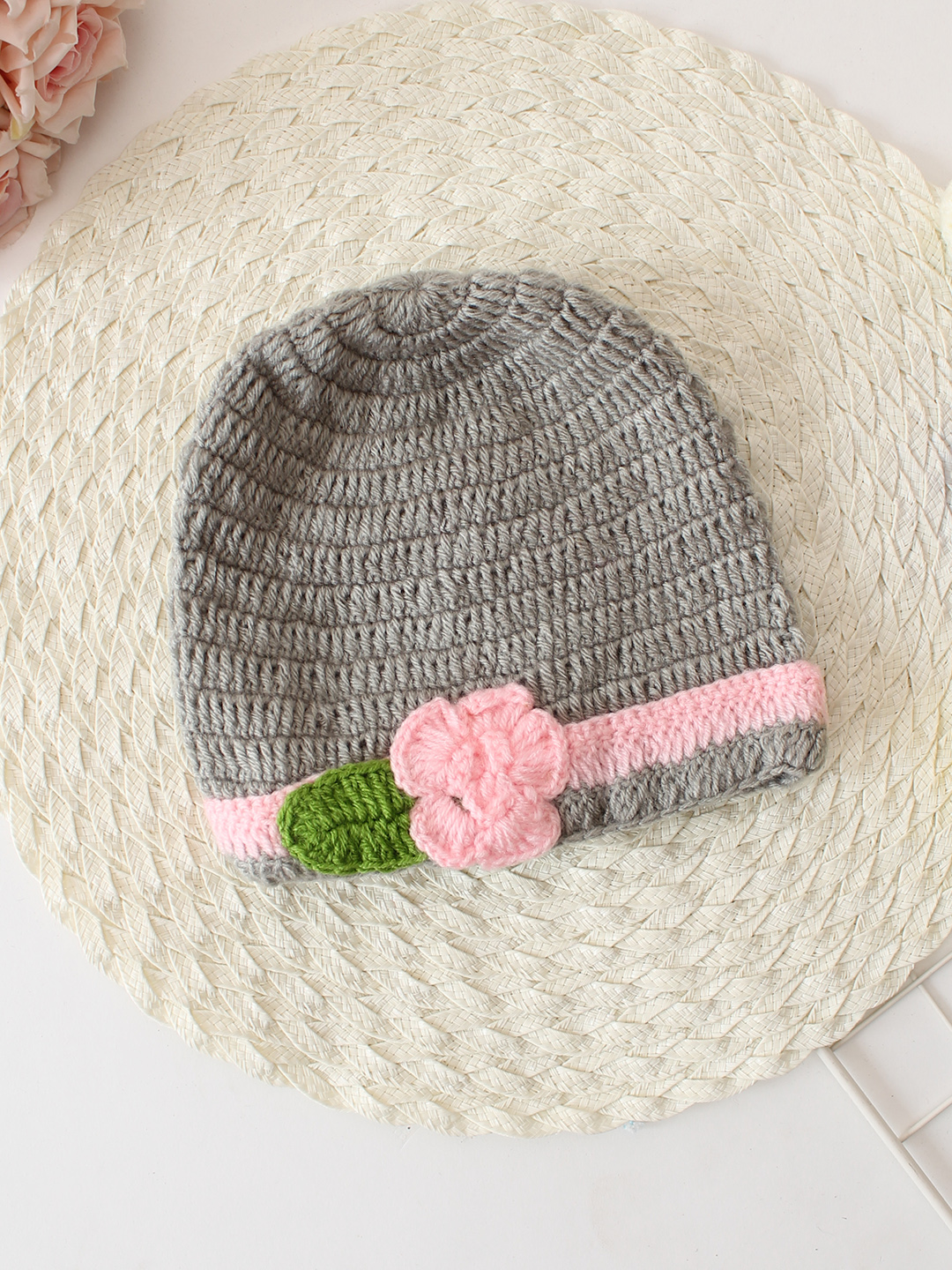 Crochet Floral Baby Cap - Grey