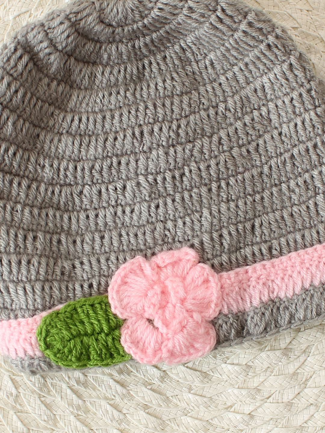 Crochet Floral Baby Cap - Grey