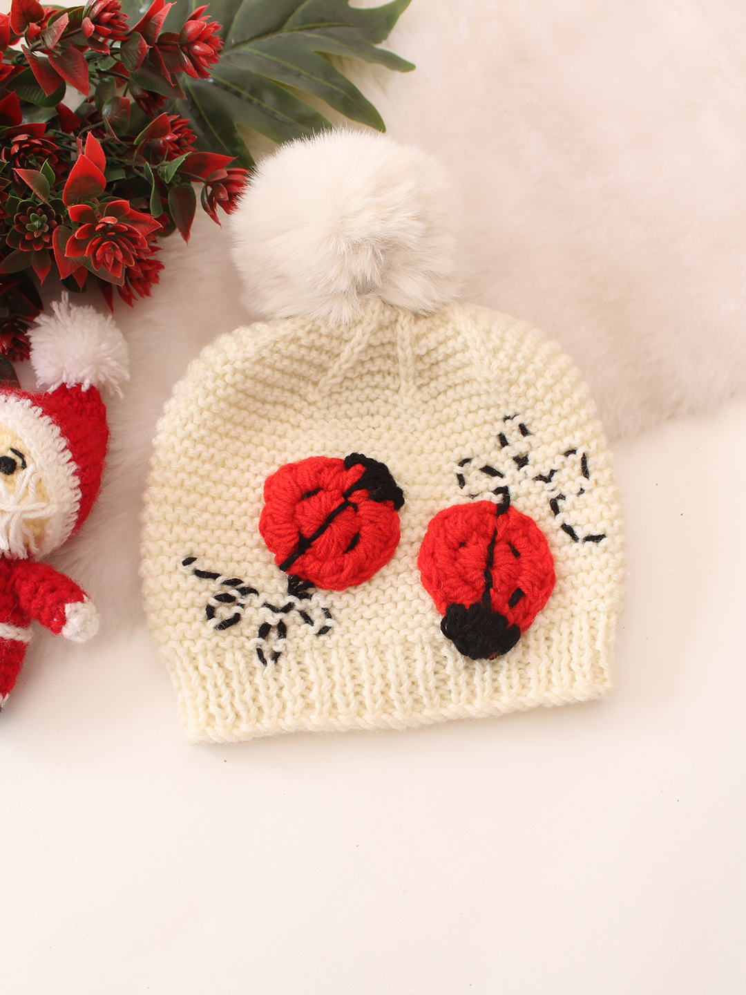 Handknitted Bug Designed Cap - Cream