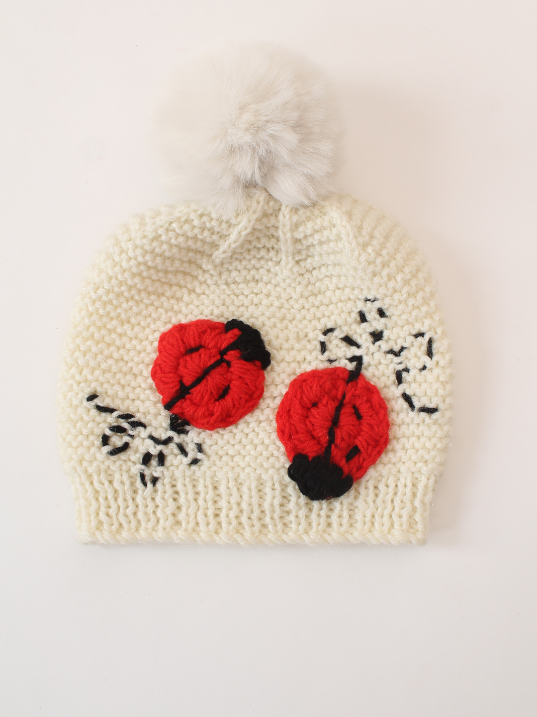Handknitted Bug Designed Cap - Cream