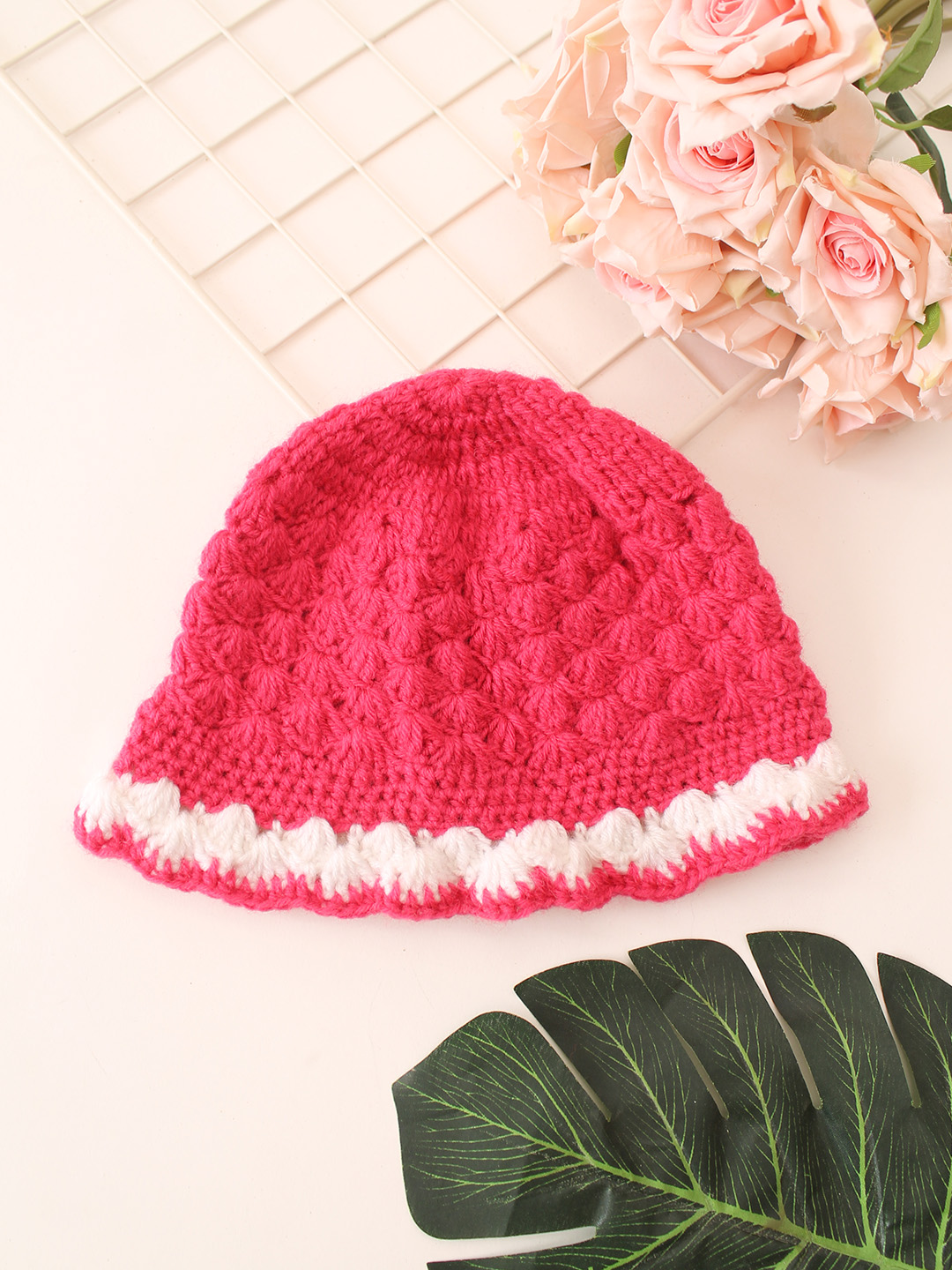 Handmade Crochet Bucket Woolen Cap - Pink