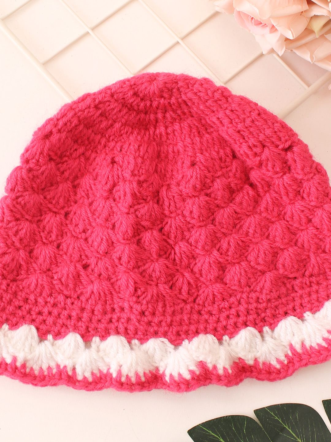 Handmade Crochet Bucket Woolen Cap - Pink