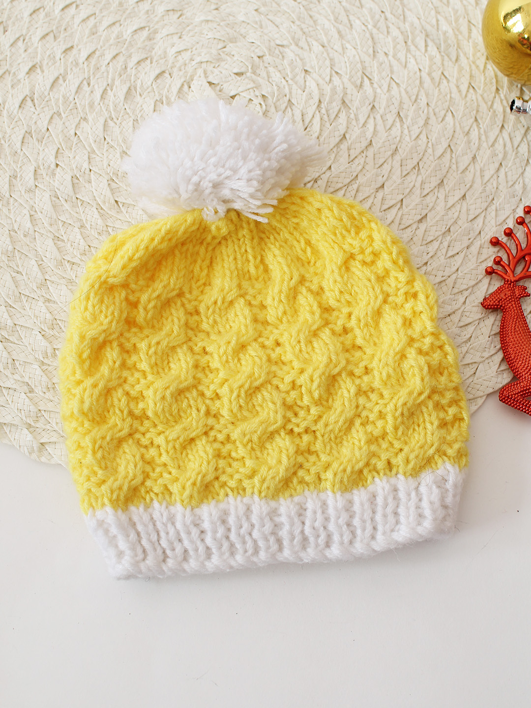 Handknitted Cable Design Cap - Yellow