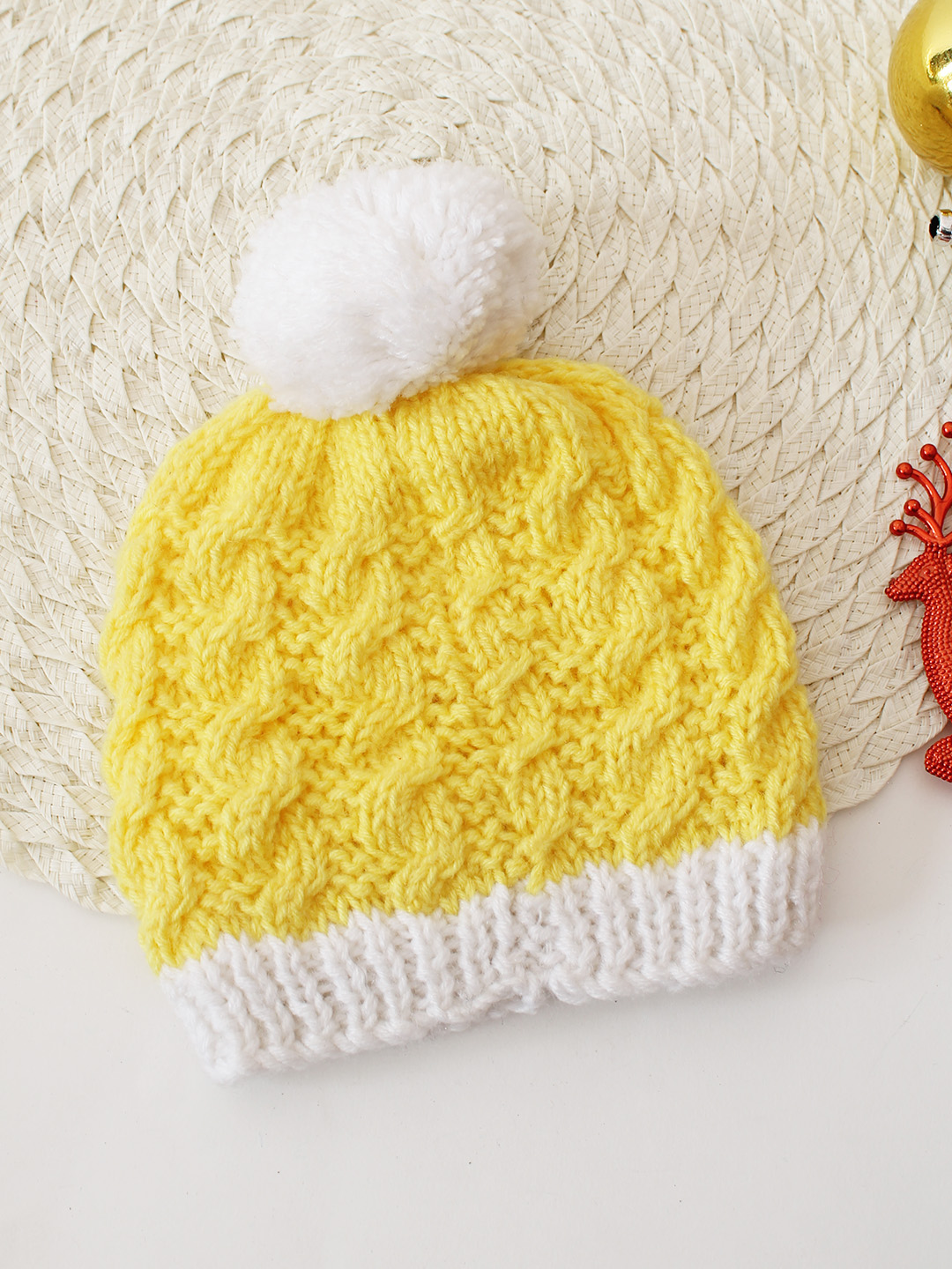 Handknitted Cable Design Cap - Yellow