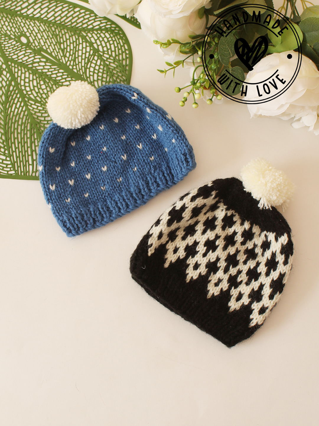 Pack of 2 Handknitted Pom Pom Detailed Caps - Blue & Black