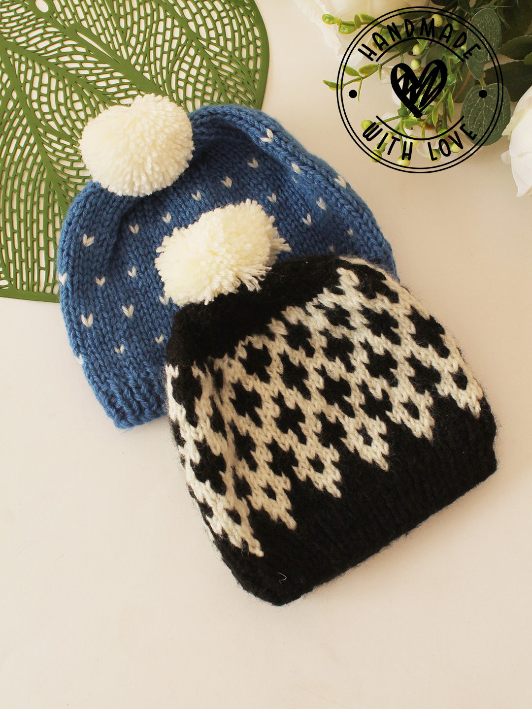 Pack of 2 Handknitted Pom Pom Detailed Caps - Blue & Black