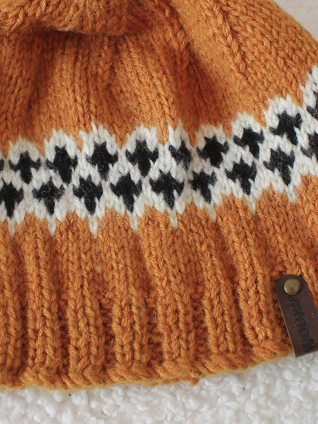 Handknitted Self Design Pom Pom Detailed Cap - Mustard