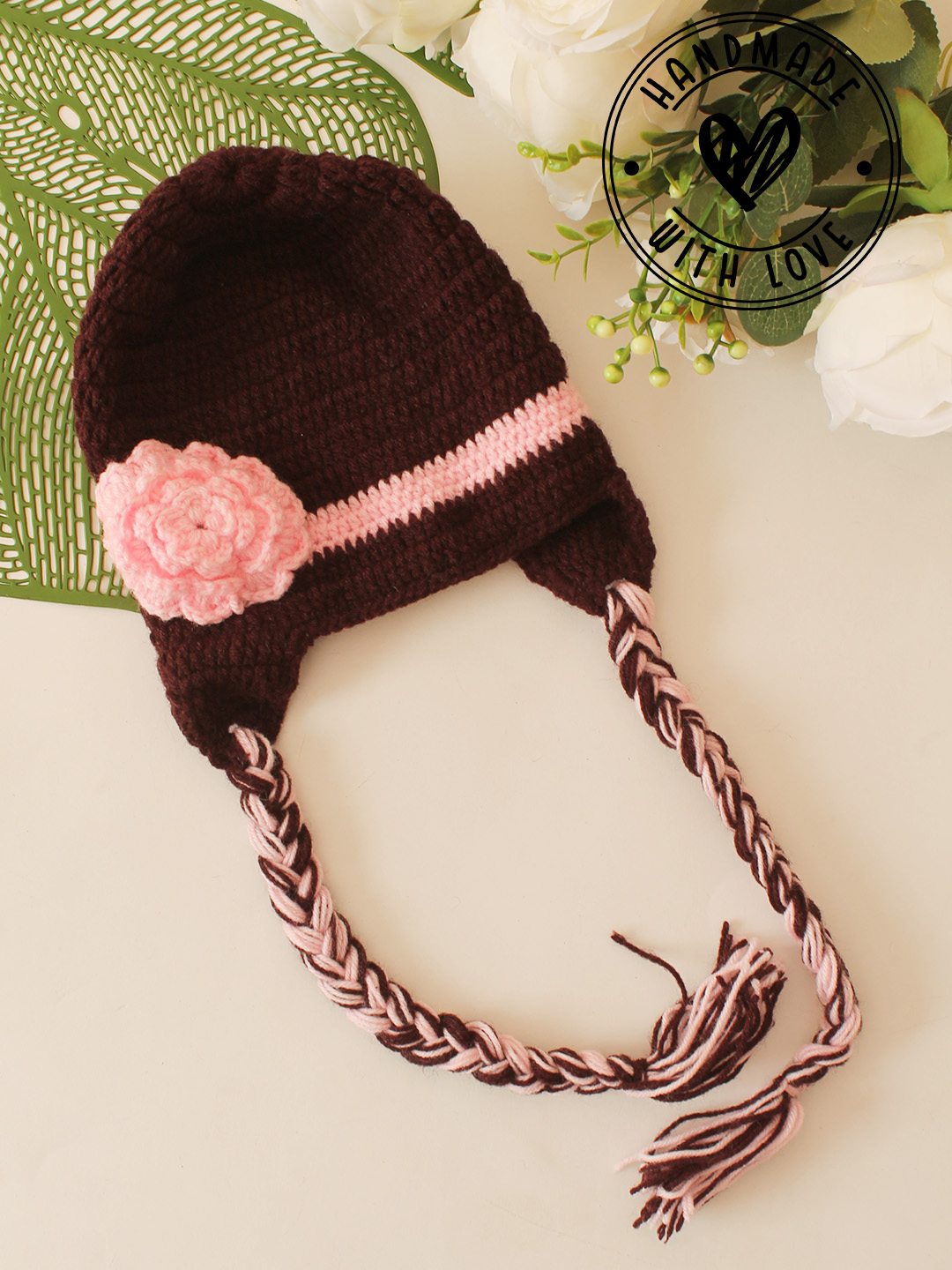 Crochet Floral Braided Cap - Brown