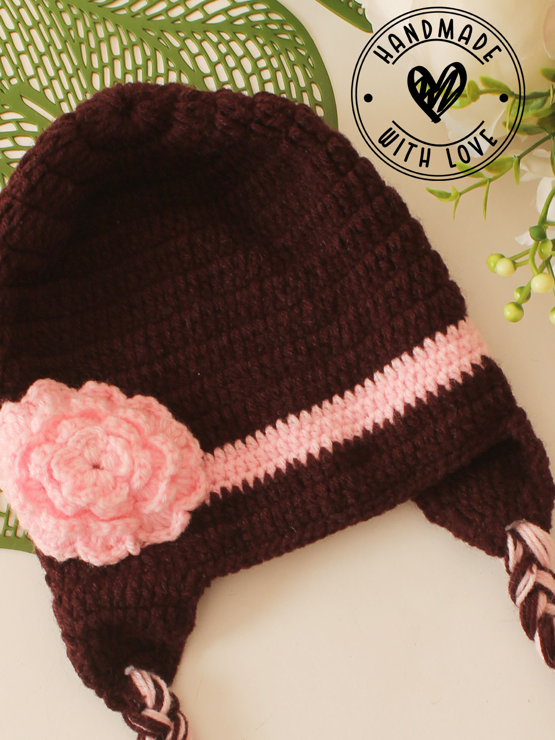 Crochet Floral Braided Cap - Brown