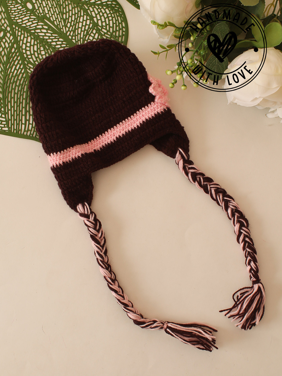Crochet Floral Braided Cap - Brown
