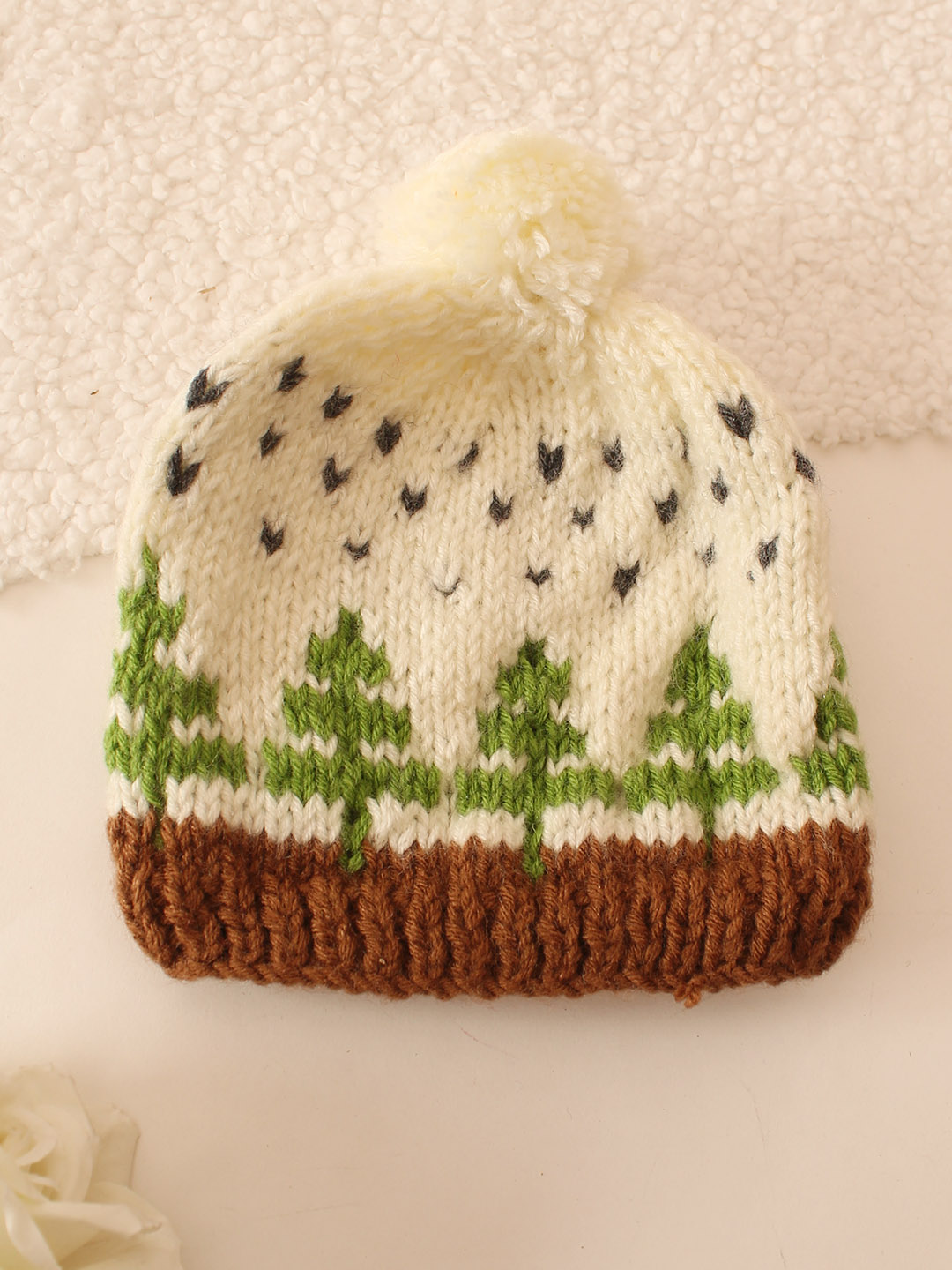 Handmade Intarsia Trees Design Pom Pom Cap - Cream