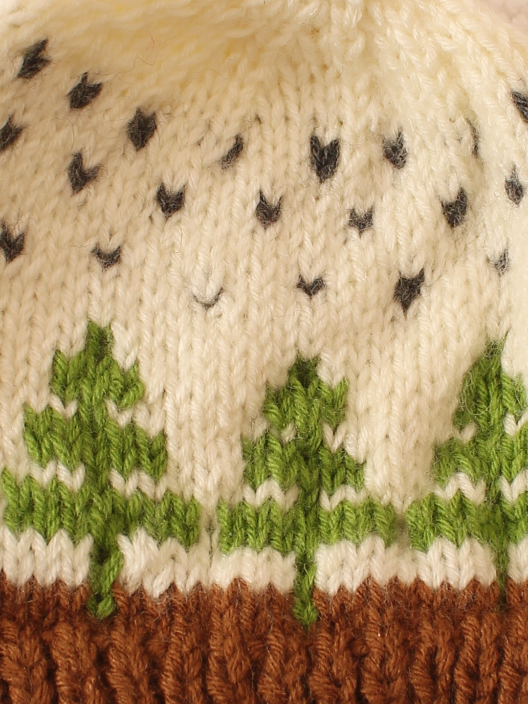 Handmade Intarsia Trees Design Pom Pom Cap - Cream