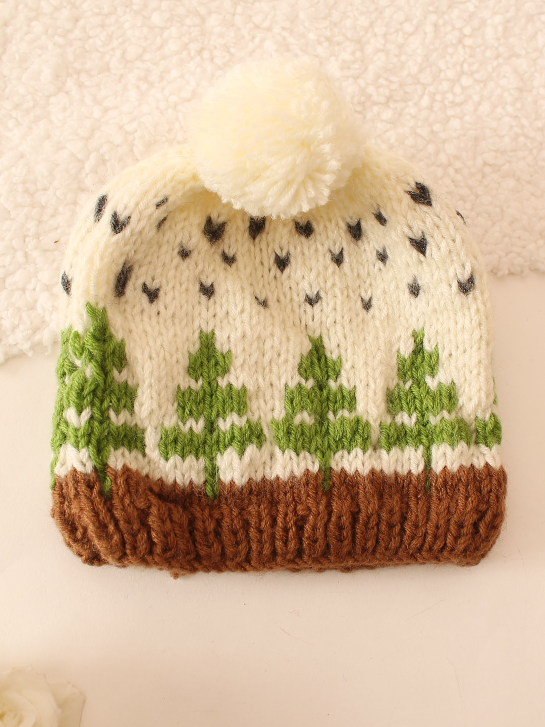 Handmade Intarsia Trees Design Pom Pom Cap - Cream