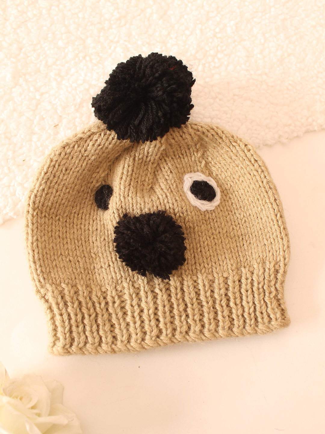 Handknitted Animal Themed Pom Pom Cap - Beige