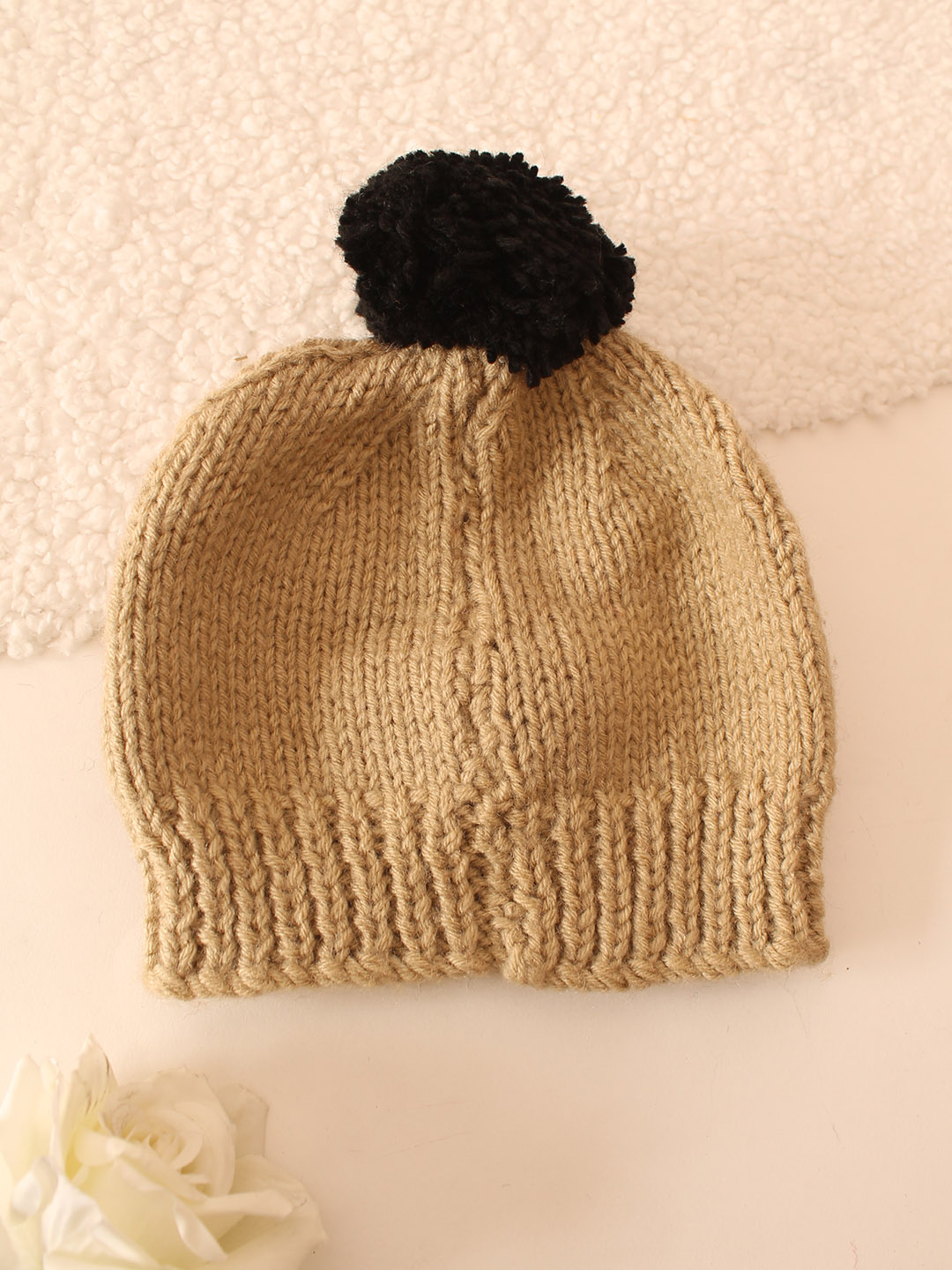 Handknitted Animal Themed Pom Pom Cap - Beige