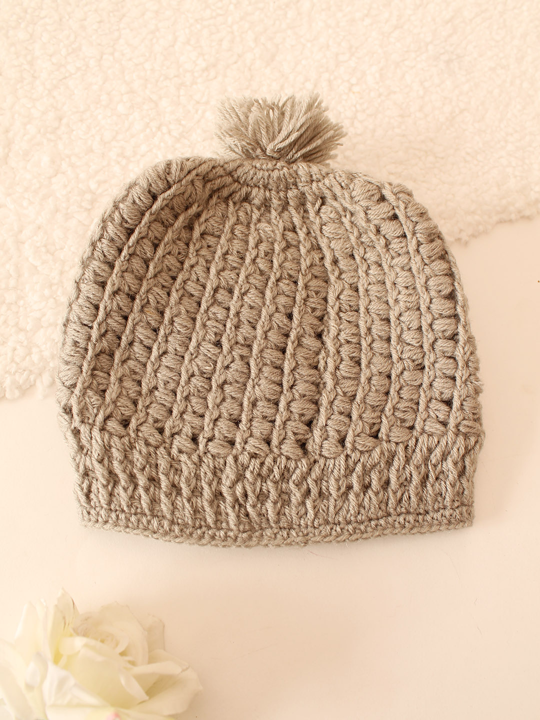 Crochet Self Design Pom Pom Cap - Beige