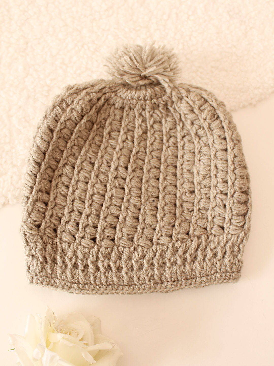 Crochet Self Design Pom Pom Cap - Beige