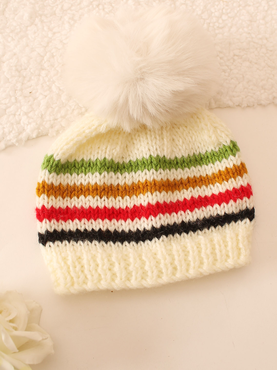 Handknitted Striped Faux Fur Pom Pom Cap - Cream