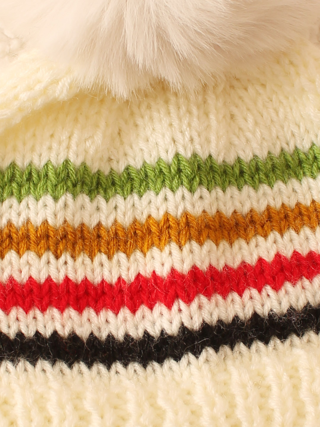 Handknitted Striped Faux Fur Pom Pom Cap - Cream